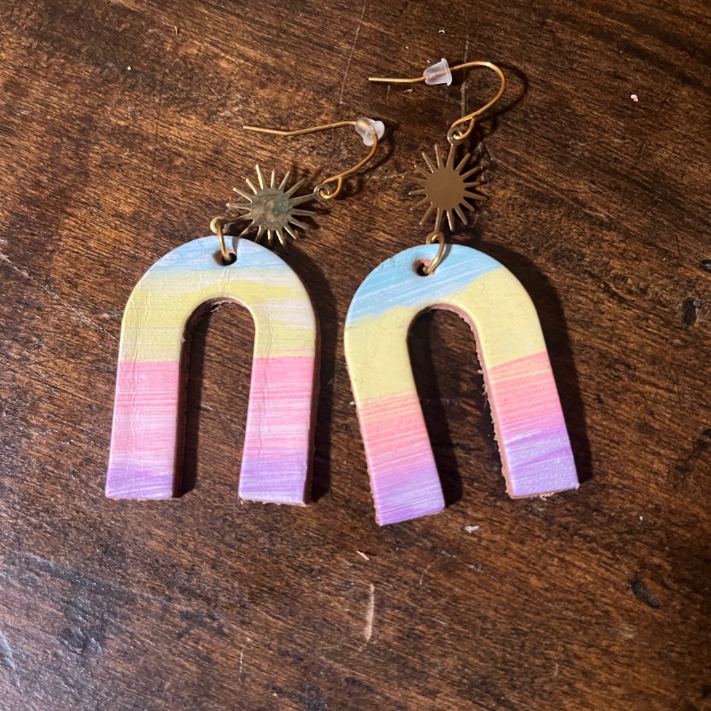 Colorful Arch Handmade Leather Earrings With Sun Charm